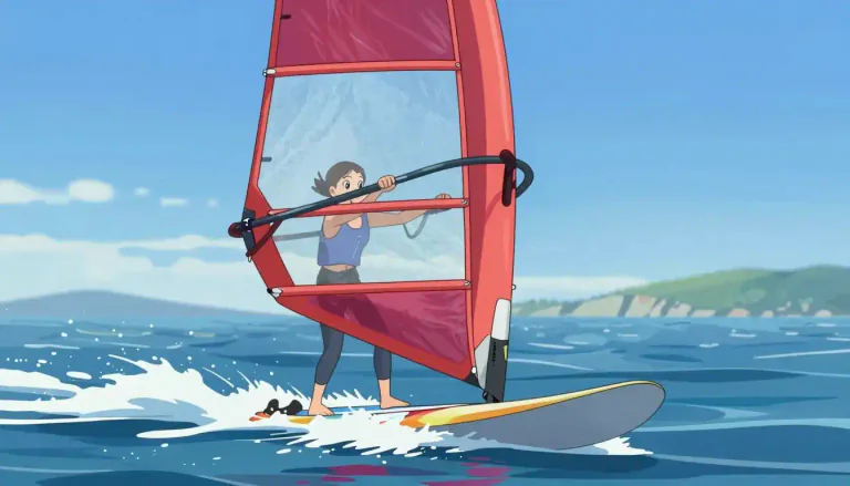 Visual representation of "windsurfing" - A sport where you stand on a board and hold onto a sail, and use wind power to move across the water