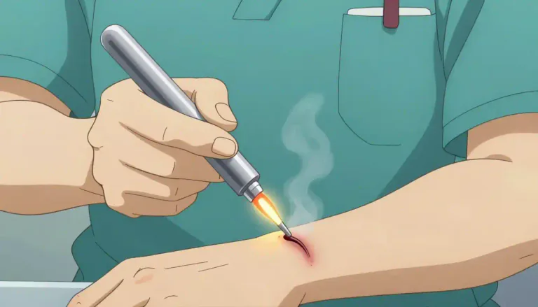Visual representation of "cauterize" - To burn a part of a body to stop bleeding or to prevent infection.