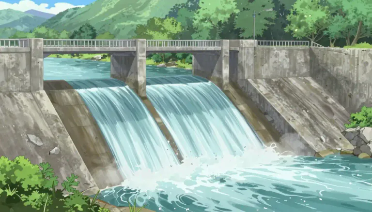Visual representation of "spillway" - A path for excess water to flow over or through when a dam or river becomes too full.