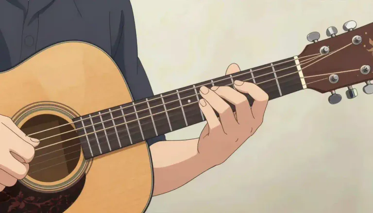 Visual representation of "guitar" - A musical instrument with six strings that you play by strumming or picking the strings.