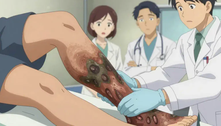Visual representation of "gangrenous" - Relating to, caused by, or affected by gangrene, a condition in which body tissue dies because of lack of blood flow or an infection.