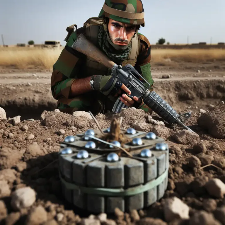 Visual representation of "claymore" - A kind of land mine, typically used by the military, that shoots out steel balls when it explodes.