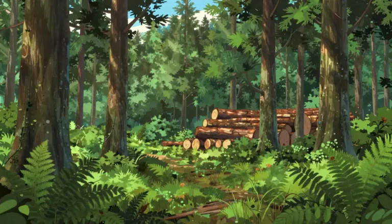 Visual representation of "timberland" - An area of land covered with trees and undergrowth, suitable for timber production.