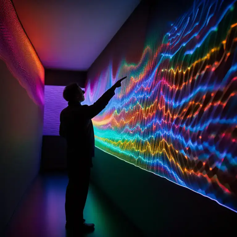 Visual representation of "wave" - A pattern of curved lines, sometimes coloured, that is seen in certain types of light.