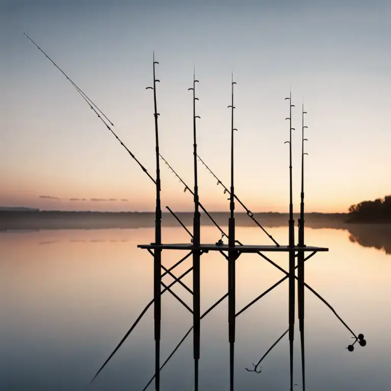 Visual representation of "baker" - A rack or stand in which fishing rods are set up with the lines cast out over water