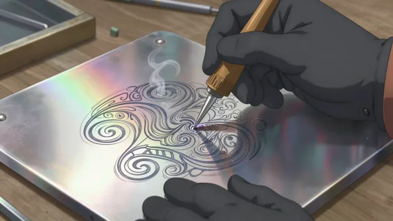 Visual representation of "etch" - To use acid or another substance to cut into a metal surface to form a design