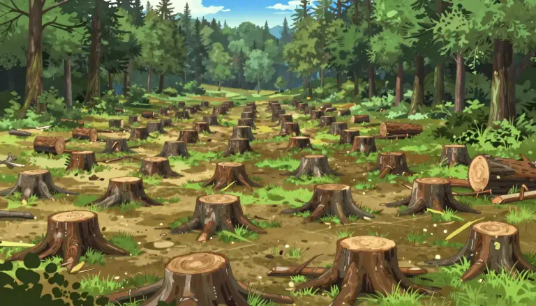 Visual representation of "clearcut" - A method of forestry where all trees in a designated area are cut down.