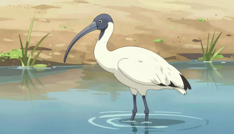 Visual representation of "ibis" - A type of bird with a long, curved beak, found in hot countries, especially near water.