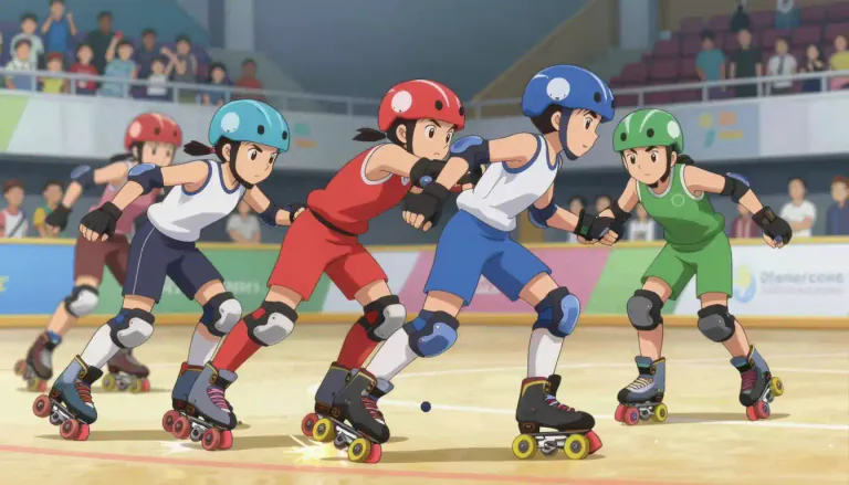 Visual representation of "rollerball" - A contact sport played on roller skates, where teams compete against each other.