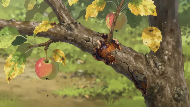 Visual representation of "canker" - A type of disease that attacks plants, causing parts of them to rot.