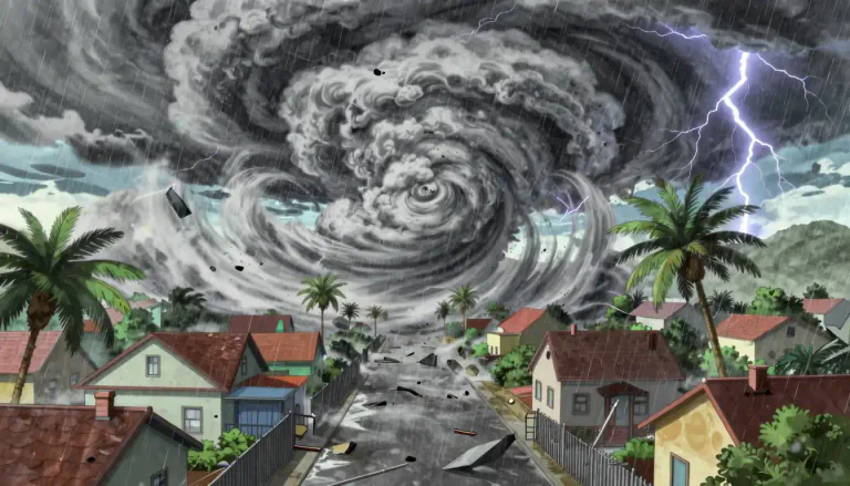 Visual representation of "hurricane" - A very strong wind that goes quickly in a circular direction with heavy rain, and can cause a lot of damage.