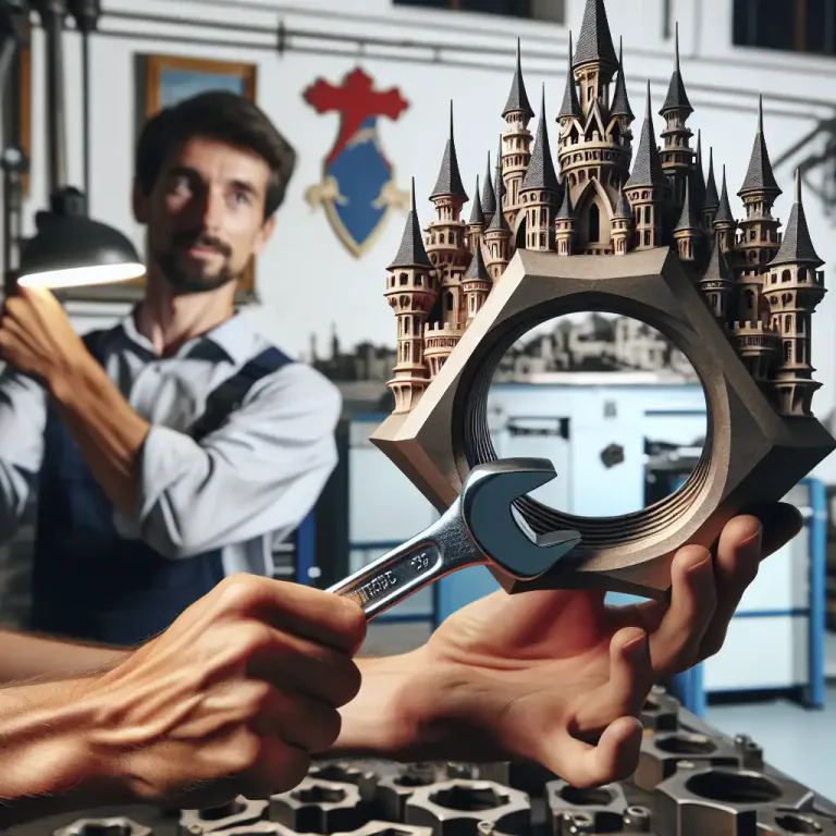 Visual representation of "castellated" - In engineering, a nut or bolt that is shaped with polygons, creating points that look like a castle tower.
