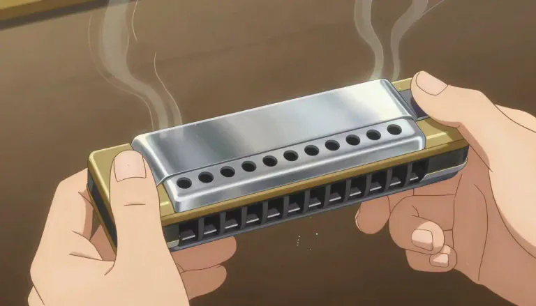 Visual representation of "harmonica" - A small rectangular wind musical instrument in which air is forced over metal reeds to make sounds.