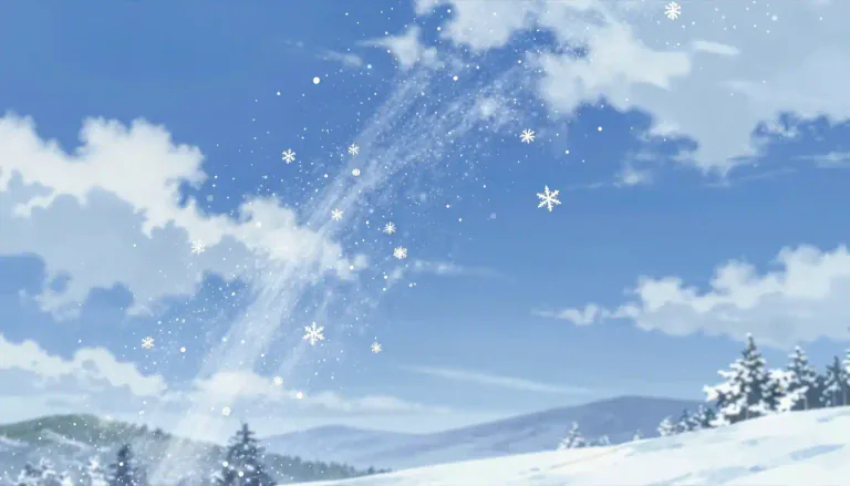 Visual representation of "snow" - Frozen water vapor that falls from the sky in small white pieces