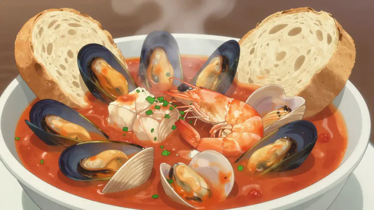 Visual representation of "cioppino" - A type of Italian-American seafood stew made with fish, shellfish, and tomatoes, traditionally served with bread.