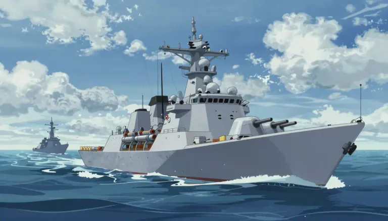 Visual representation of "frigate" - A type of warship, smaller than a destroyer, used by modern navies.