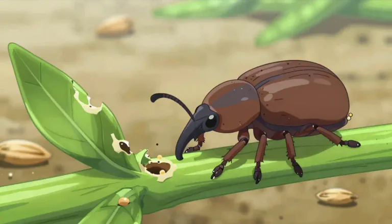 Visual representation of "weevil" - A small insect, often harmful, with a long snout for feeding and laying eggs in plants