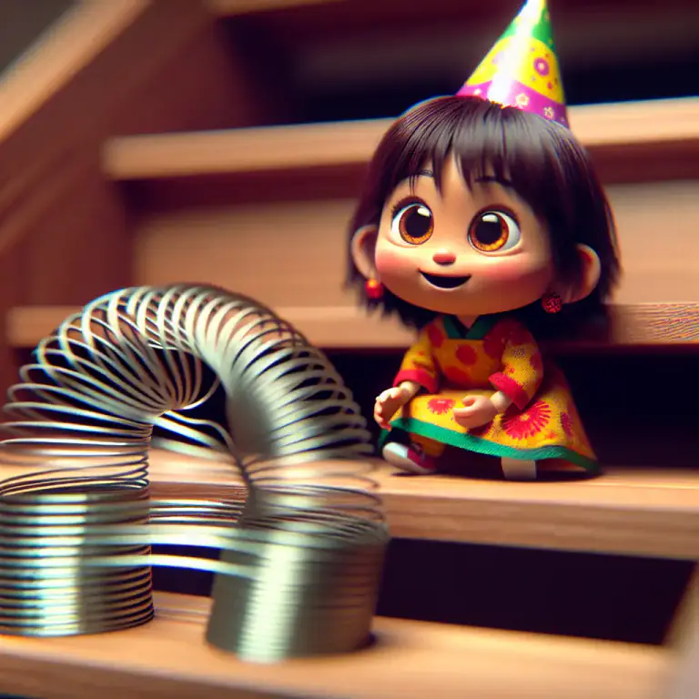 Visual representation of "slinky" - A toy made of a long flat spring that 'walks' down stairs when pushed from the top