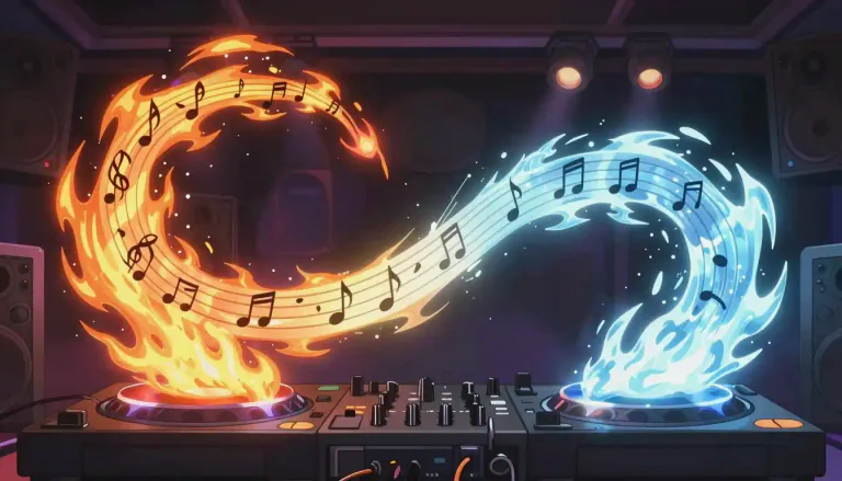 Visual representation of "mashup" - A creation that blends, or combines two or more pieces of media, usually songs.