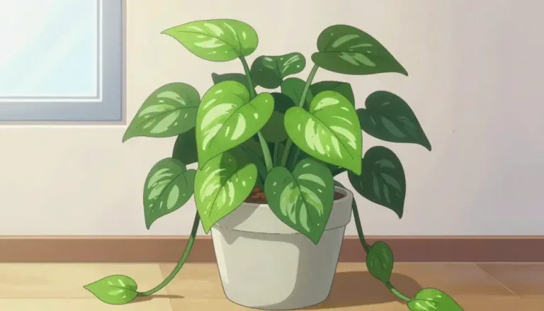 Visual representation of "pothos" - A type of tropical plant often grown indoors, known for its glossy heart-shaped leaves and trailing vines.