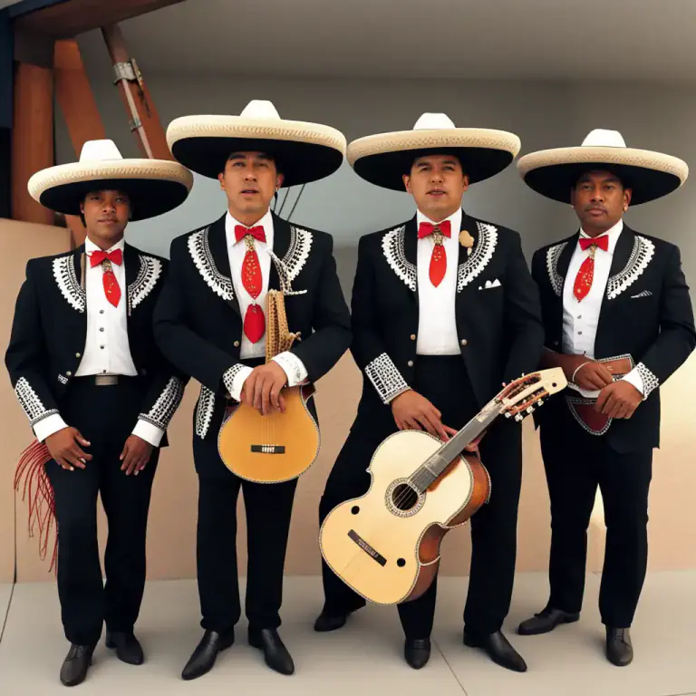 Visual representation of "mariachi" - A style of dress worn by mariachi musicians that includes a suit, a hat, and often a large bow tie.