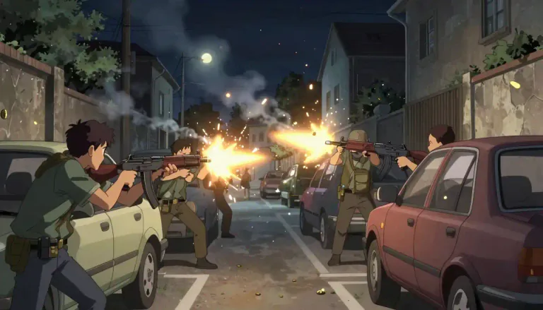 Visual representation of "gunbattle" - A violent confrontation involving firearms between opposing individuals or groups.