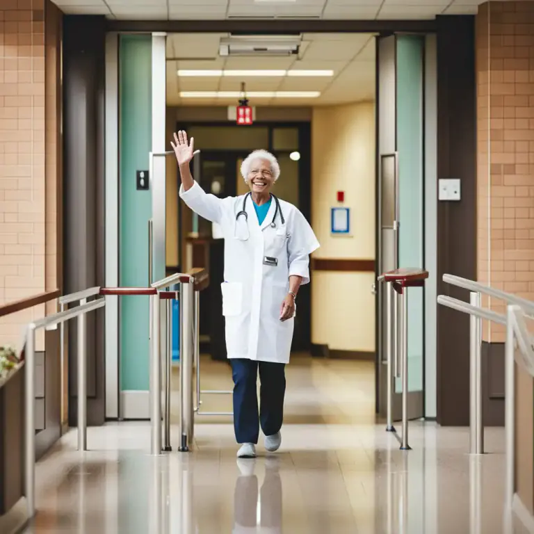 Visual representation of "discharge" - To officially allow someone to leave, usually a hospital, military service, or a job.