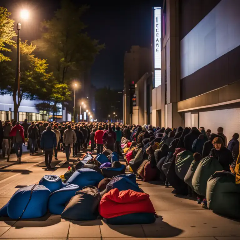 Visual representation of "camp out" - To stay somewhere for an extended period, especially waiting for something