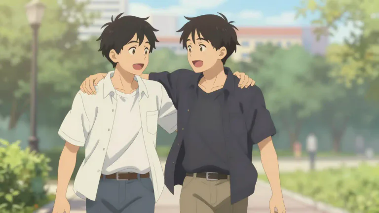 Visual representation of "bromance" - Close friendship between two men, often showing affection like brothers.