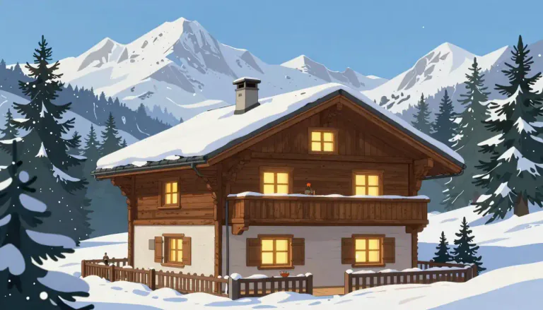 Visual representation of "chalet" - A wooden house or cottage with overhanging eaves, typically found in the Swiss Alps.