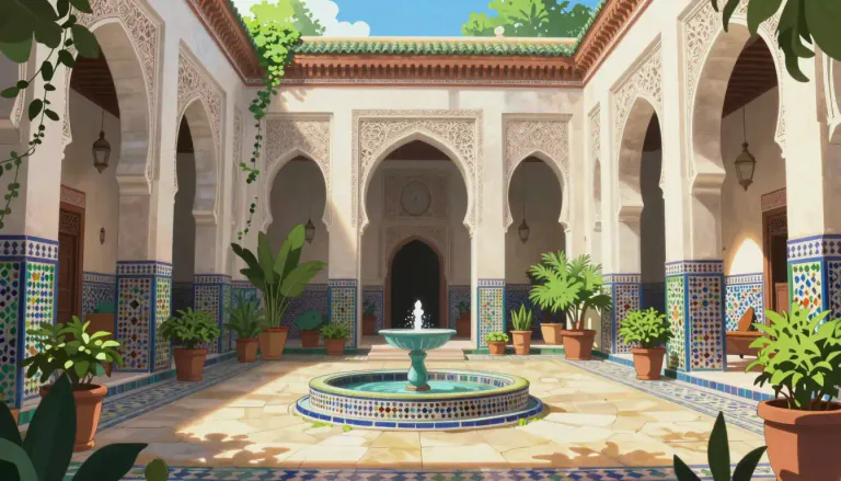 Visual representation of "riad" - A riad is a traditional Moroccan house or palace with an interior garden or courtyard.