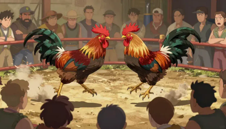 Visual representation of "cockfight" - A cruel sport where two roosters fight each other, often until one dies or is seriously injured.