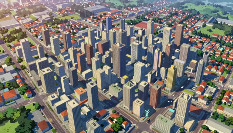 Visual representation of "metroplex" - A large urban region that consists of a densely populated city and surrounding areas that are economically and socially connected.