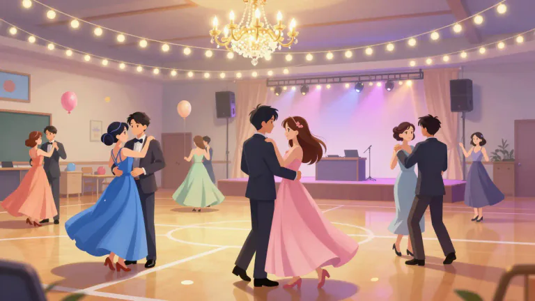 Visual representation of "prom" - A formal dance held by a high school or college class at the end of an academic year