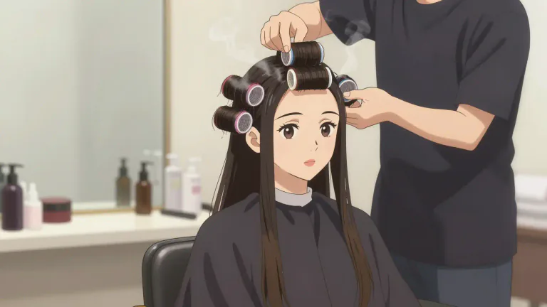 Visual representation of "perm" - A chemical treatment for hair that makes it curly or wavy for a long time.