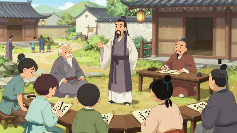 Visual representation of "confucianism" - A philosophy or system of beliefs based on the teachings of Confucius, emphasizing on moral values, respect for elders, education, and social harmony