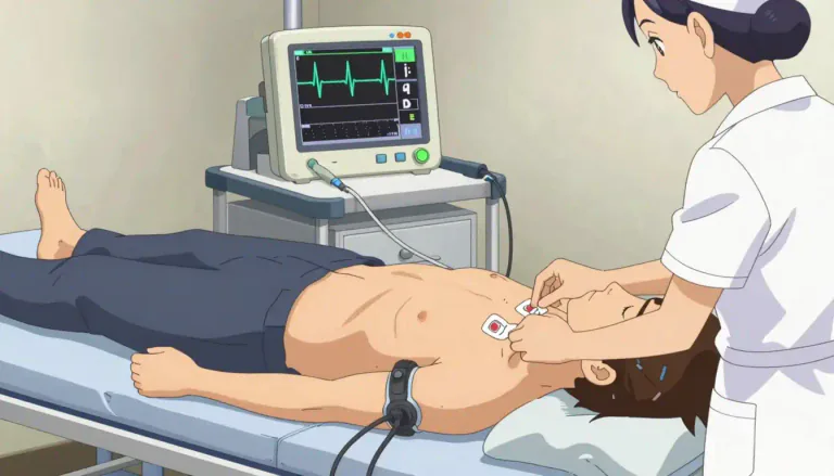 Visual representation of "electrocardiogram" - A test that records the electrical activity of the heart, usually done by placing electrodes on the skin.