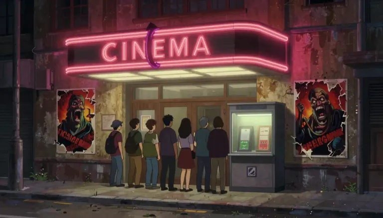 Visual representation of "grindhouse" - A theater or cinema that shows low-budget, sensational films, often of an exploitative nature.