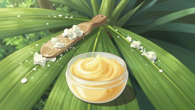 Visual representation of "carnauba" - A natural wax obtained from the leaves of the carnauba palm, native to Brazil, used in various products including cosmetics and food.