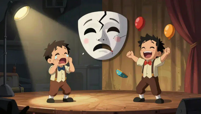 Visual representation of "tragicomedy" - A form of drama that combines elements of both tragedy and comedy, often highlighting the absurdities of life.