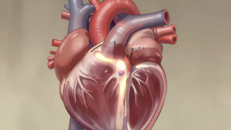 Visual representation of "interventricular" - Relating to the space or structures between the ventricles, particularly of the heart.