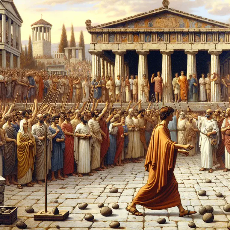Visual representation of "ostracism" - A method used in ancient Greece for temporarily banishing a citizen by popular vote.