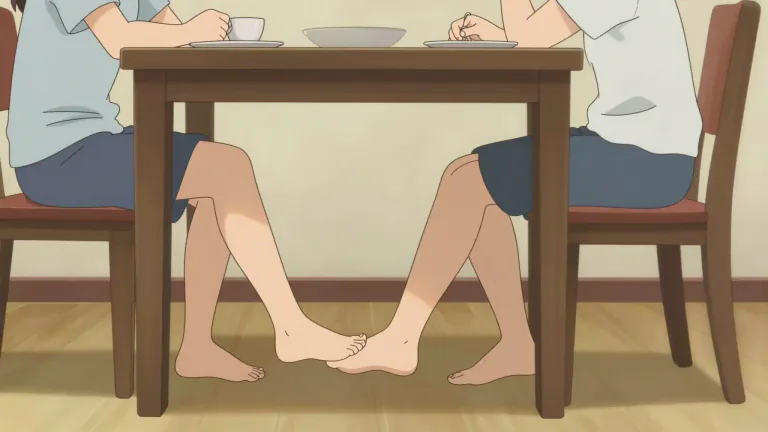Visual representation of "footsie" - A playful or flirtatious touching of feet between people, often occurring under a table or in a casual setting.