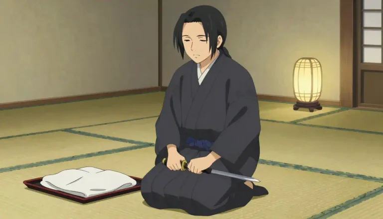 Visual representation of "seppuku" - A ritual form of suicide by disembowelment, historically performed by samurai to preserve honor.
