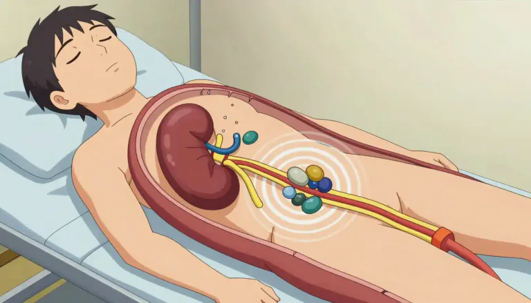 Visual representation of "lithotripsy" - A medical procedure that uses shock waves to break kidney stones into smaller pieces so they can be passed through urine.