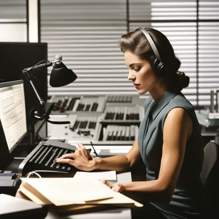 Visual representation of "stenographer" - A person who works in an office writing letters and other documents from recorded speech.