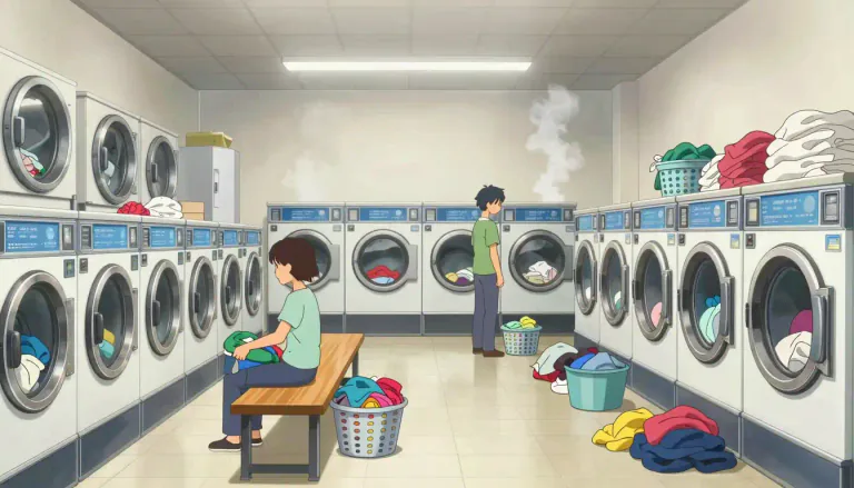 Visual representation of "laundromat" - A public place equipped with washing machines and dryers for customers to wash and dry their own clothes.