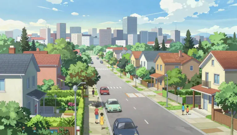 Visual representation of "suburbia" - Location outside of a city where people live, typically a wealthier area with houses and residential areas.