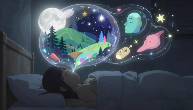 Visual representation of "dream" - A series of thoughts, images, and sensations happening in a person's mind during sleep