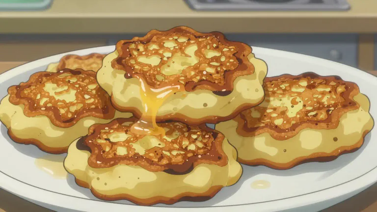 Visual representation of "latke" - A small, round pancake made of grated potato that is fried in oil, traditionally eaten during Hanukkah.